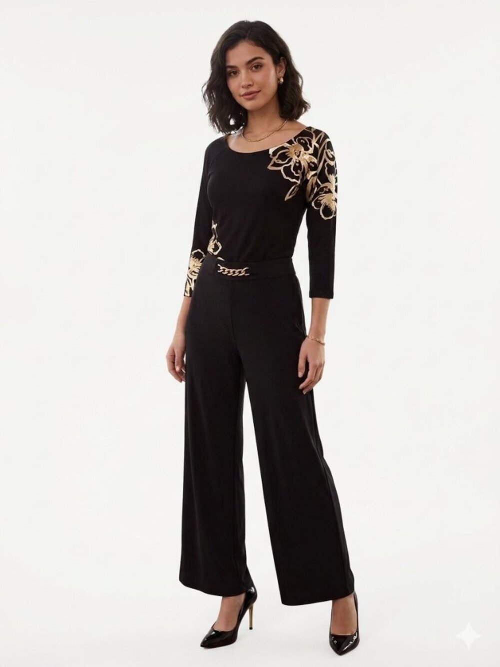 CACHE Black & Gold Floral Top Boat Neck 3/4 Sleeves Sz M